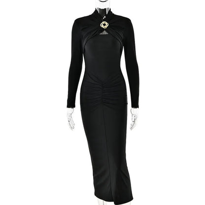 Hollow Out Long Sleeve Maxi Dress For Women Metal Buckle Bodycon Cocktail Dress