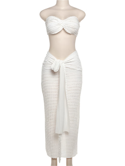 Stacked Folds Two Piece Set Women Solid Thin Strapless Chest Tops+ Slim Skirts Female Vacation Outfit