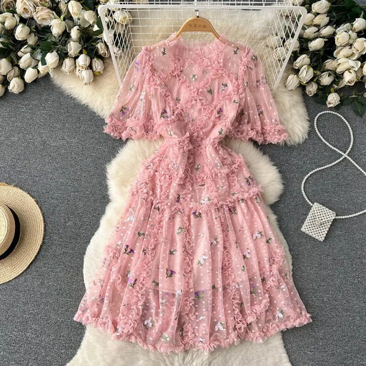 Runway Vintage Cascading Ruffles Flower Cake Dress Summer Mesh Embroidery Dress