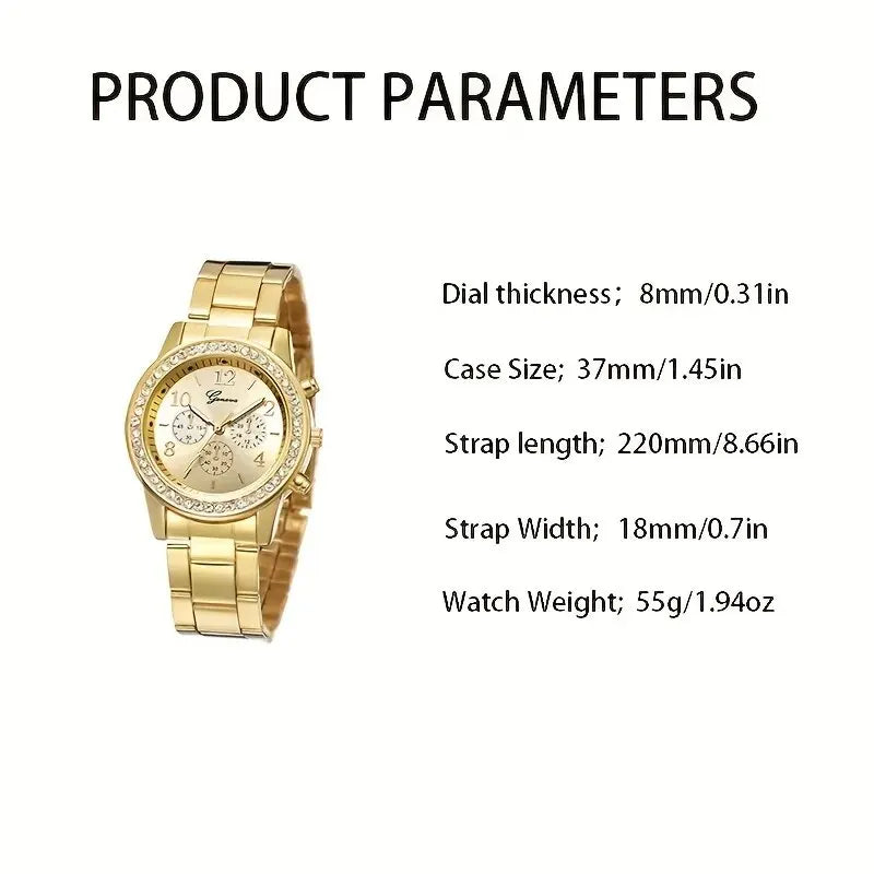 5 PCS Set Gold Watch Women Luxury Ring Necklace Earrings Rhinestone Fashion Wristwatch