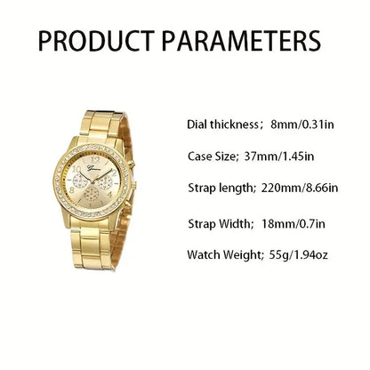 5 PCS Set Gold Watch Women Luxury Ring Necklace Earrings Rhinestone Fashion Wristwatch
