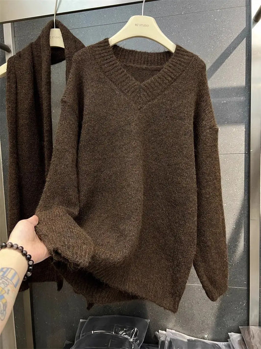 Two Piece Lazy Style Scarf Pullover Sweater Women's Inner Layer Winter Knitted Sweater