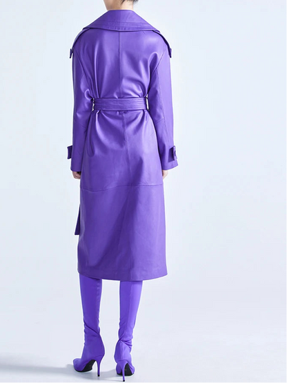 Elegant Purple Colored Faux Leather Trench Coat for Women Sashes Runway Coat