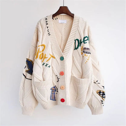 Embroidery Knitted Cardigan Women's Sweater Warm Long Sleeve V Neck Jumpers
