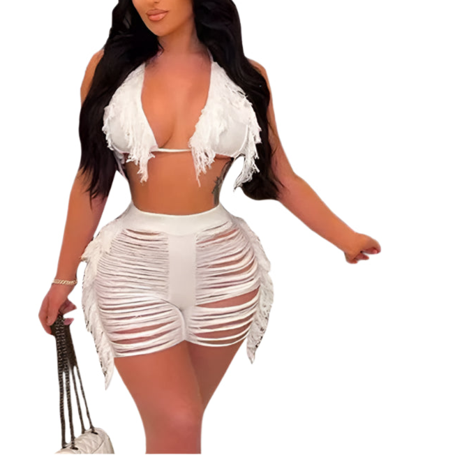 Women Fringe Tassel Bikini Shorts Set Hollow Out Jamaican Crochet Swimwear Summer Beach Knitted Cover Up Swimsuit
