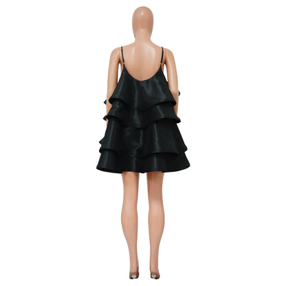 Women Spaghetti Strap U Collar Sleeveless  Party  Mini Fairy Satin Dress