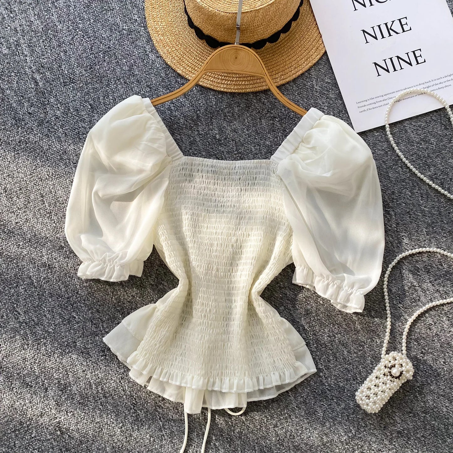 French Style Chiffon Blouse Square Neck Short Sleeves Ruffles Lace Up Beach Top