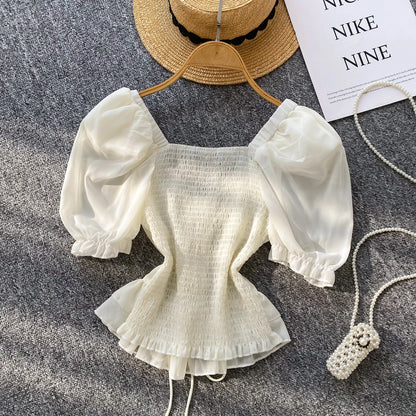 French Style Chiffon Blouse Square Neck Short Sleeves Ruffles Lace Up Beach Top