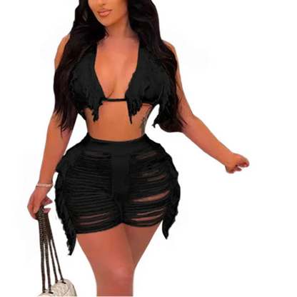 Women Fringe Tassel Bikini Shorts Set Hollow Out Jamaican Crochet Swimwear Summer Beach Knitted Cover Up Swimsuit