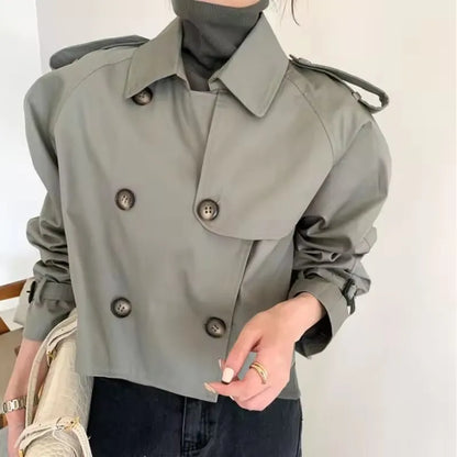 Vintage Double Breasted Crop Jacket Trench Jackets Women Loose Chic Windbreaker