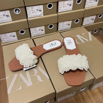 Women's White Pearl Weaving Flat Sandals