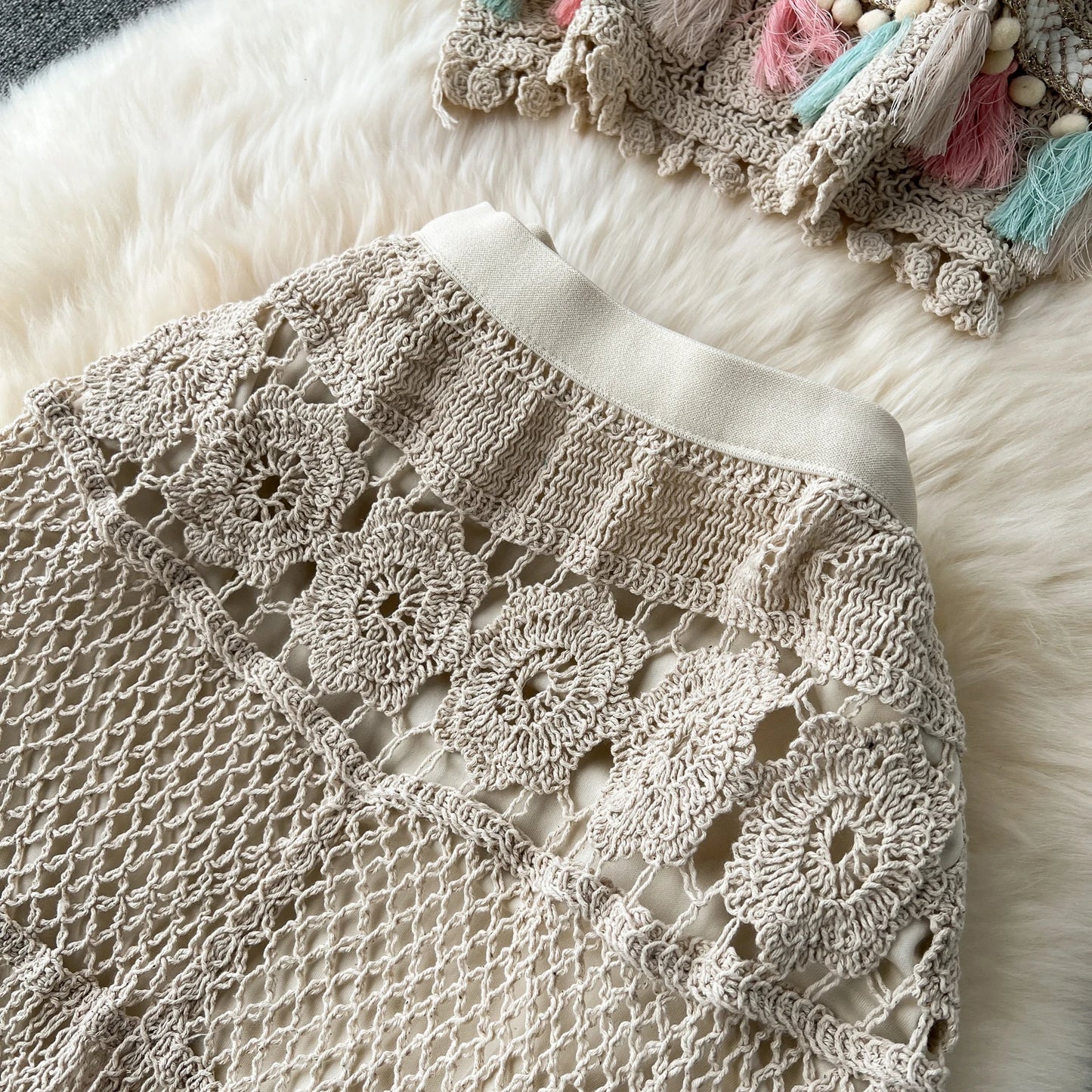 Bohemian Vintage Knit Two Piece Tank Tassels Crop Tops+Loose Hooked Hollow Out Skirt Beach Outfit