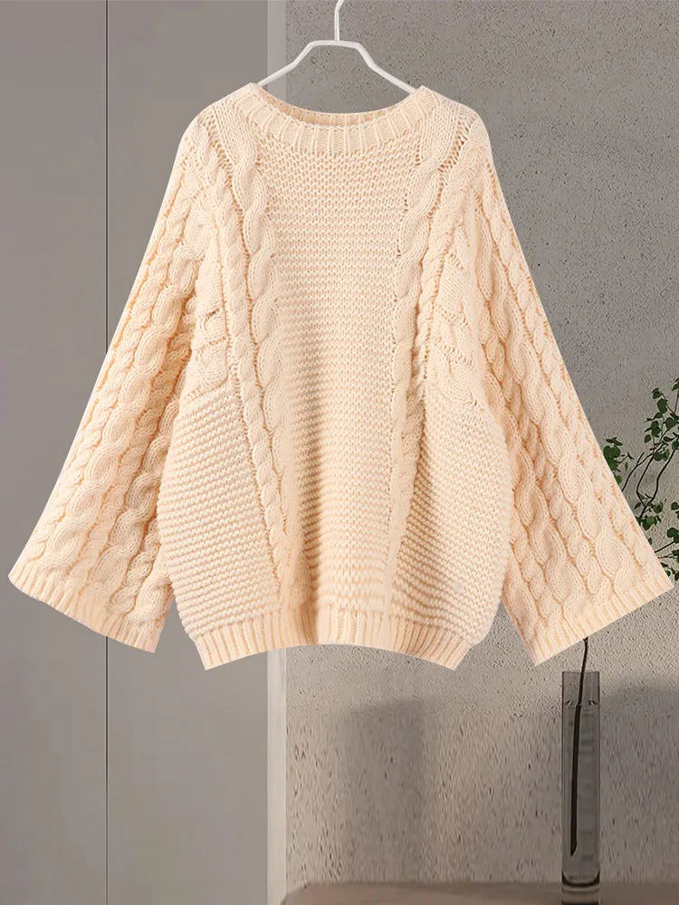 Oversize Thick Kink Sweater Women Loose O Neck Long Wide Sleeves Knit Lazy Pullover