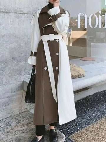 Color Block Trench Coat Double Breasted Patchwork Windbreaker Trench Coat
