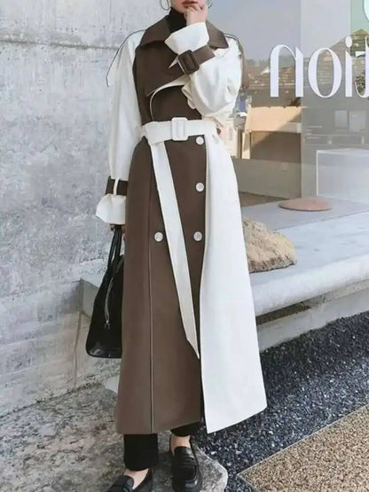 Color Block Trench Coat Double Breasted Patchwork Windbreaker Trench Coat