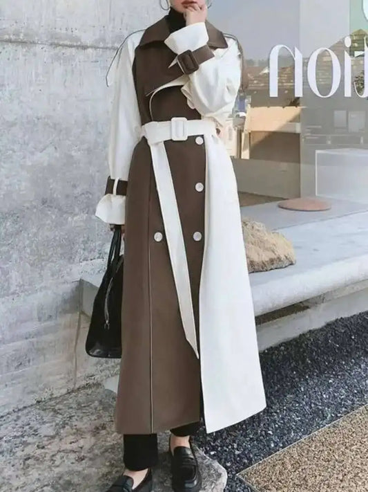 Color Block Trench Coat Double Breasted Patchwork Windbreaker Trench Coat