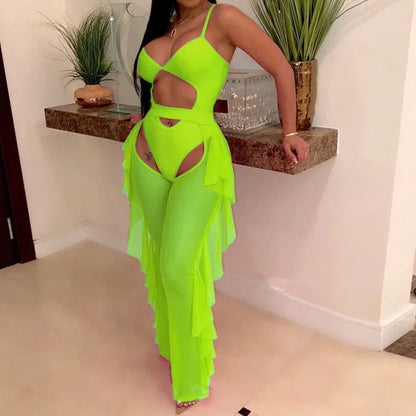 Hollow Out 2 Pieces Set for Woman Mesh See Through Bodysuit Top and Ruffles Pants Swimsuit Outfit