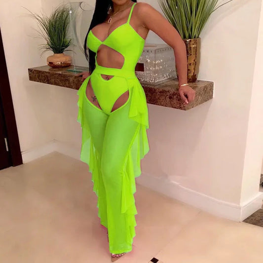 Hollow Out 2 Pieces Set for Woman Mesh See Through Bodysuit Top and Ruffles Pants Swimsuit Outfit