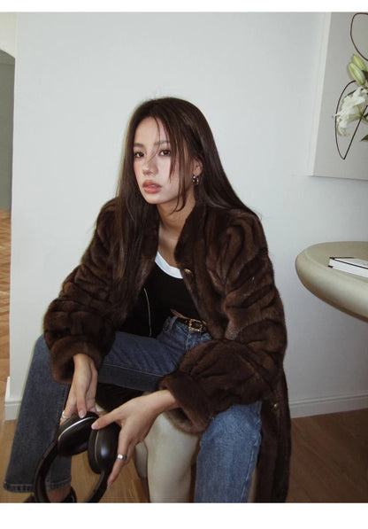 Brown Thick Warm Soft Faux Mink Fur Coat Women Puff Sleeve Stand Collar Fluffy Jacket