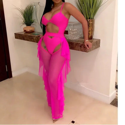 Hollow Out 2 Pieces Set for Woman Mesh See Through Bodysuit Top and Ruffles Pants Swimsuit Outfit