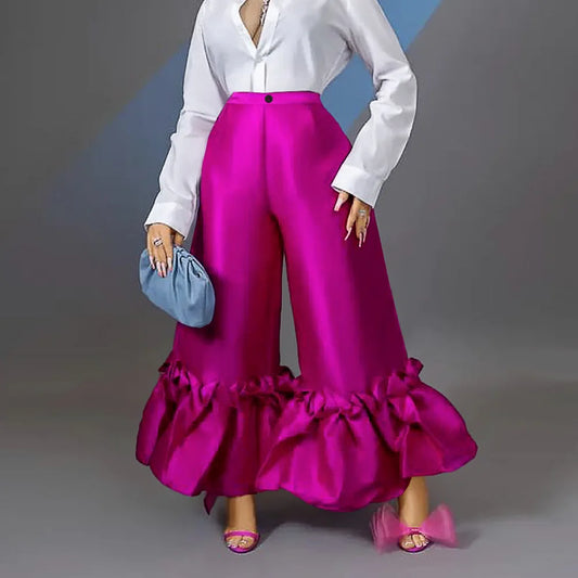 Women Pants High Waist Flare Pants Slim Fit Sexy Solid Ruffles Loose Casual Regular Wide Leg Long Trousers