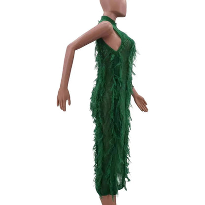 Fur Hollow Out Perspective Midi Dress Women Round Neck Sleeveless Slim Dress