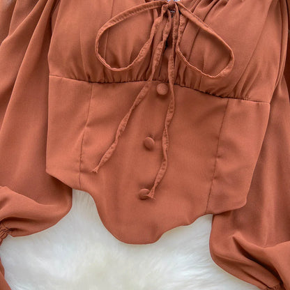 Flare Sleeve Women Top Ruffle Solid Elastic Waist Halter Backless Chiffon Blouse