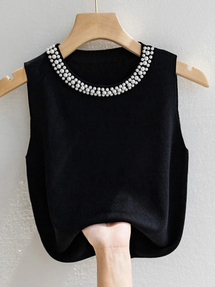 Knitted Sleeveless Beaded Casual Thin Tops