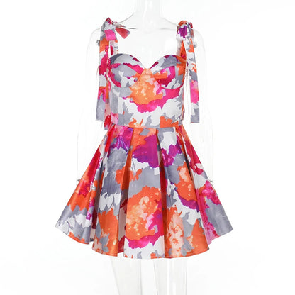 Printed Seaside Holiday Short Dress Women High Waisted Pleated Mini Dress