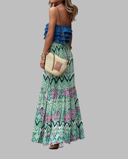 Bohemian Style Printed A-line Skirt Women Fashion Beach Vacation Loose Drawstring Ruffles Skirts Female  Summer New Streetwear