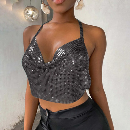 Sexy Sequins Metal Crop Tops Women Suspenders Halter Backless Night Club Tank Top
