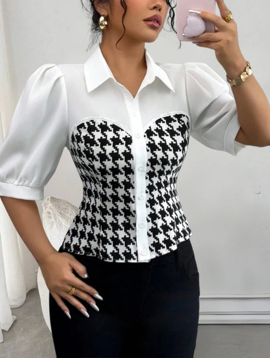 Women's Blouse Black White Tops Houndstooth Patchwork Collar Puff Sleeve Blouse