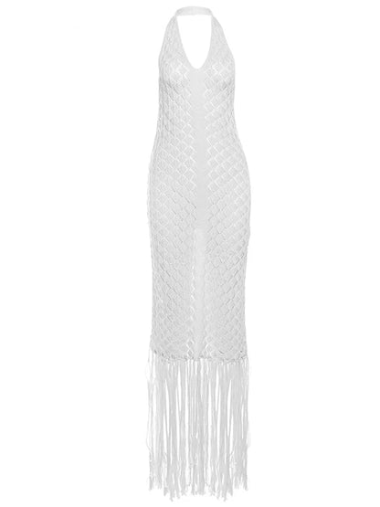 Sexy Deep V Neck Halter Tassel Women Knitted Long Bodycon Dress Maxi Dress