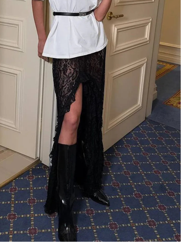 Lace Skirt Transparent Maxi Lace Skirts for Women Asymmetrical Ruffle Lace Skirt