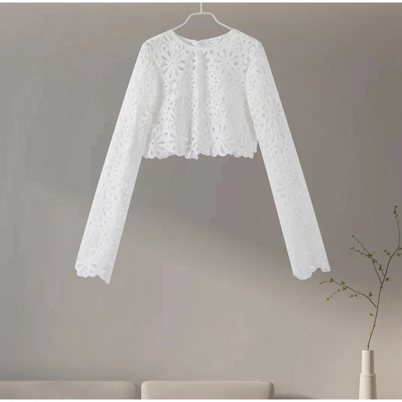 Summer Vacation See Through Crochet Top Women Set Hallow Out Flare Long Sleeve Skirts Set