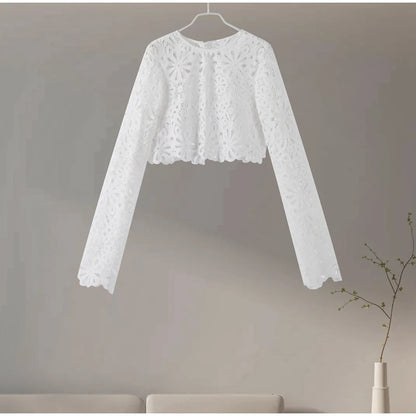 Summer Vacation See Through Crochet Top Women Set Hallow Out Flare Long Sleeve Skirts Set