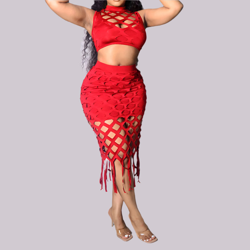 Women Hollow Out Tassel Bodycon Midi Skirts Two Piece Set and Sleeveless Top and Skirt Set