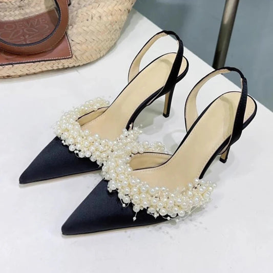Women's New Pointed Head Shallow Mouth Rear Strap Stiletto Pearl High Heels