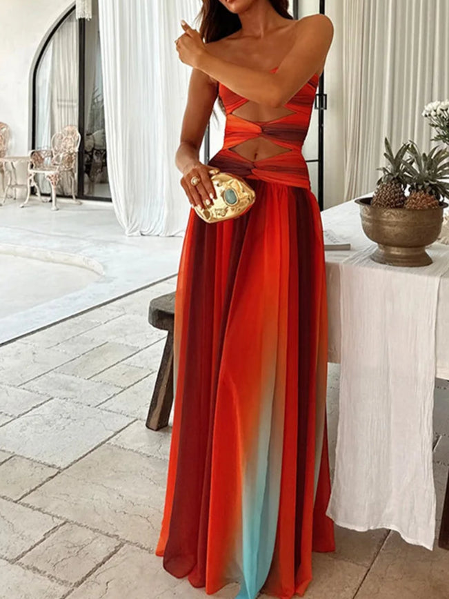 Tie-dye Gradient Hollow Out Women's Maxi Dress Elegant Off Shoulder Long Dresses