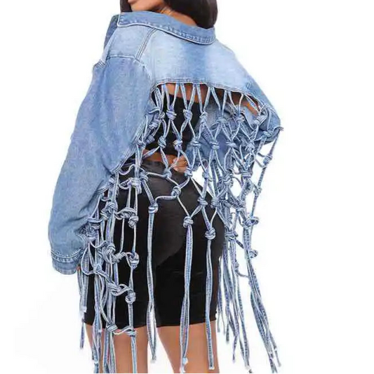 Women Denim Jacket Back Grid Fringe Personalized Jacket Coat
