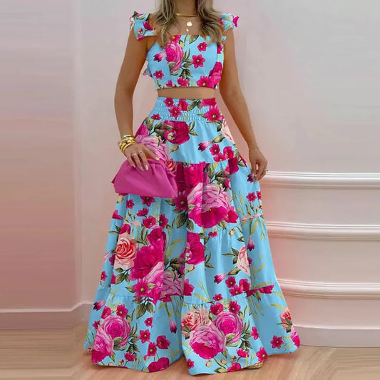 Y2k Two Piece Set Elegant Sexy Collage Sleeveless Top and Maxi Skirt Set