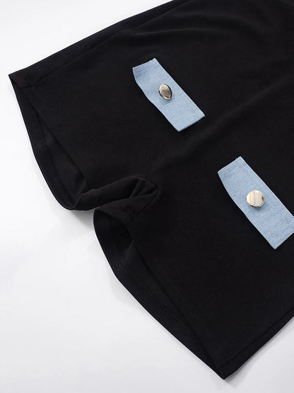 Denim Patchwork Rompers Polo-Neck Backless Sleeveless Vacation Playsuits