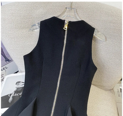 French Elegant Sleeveless A-Line Tunic Blouse Black Classic Gold Button