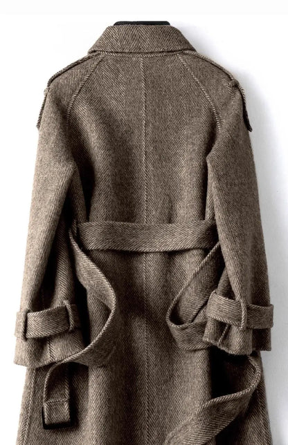 Woolen Coat New British style POLO collar Lace up Double breasted Coat
