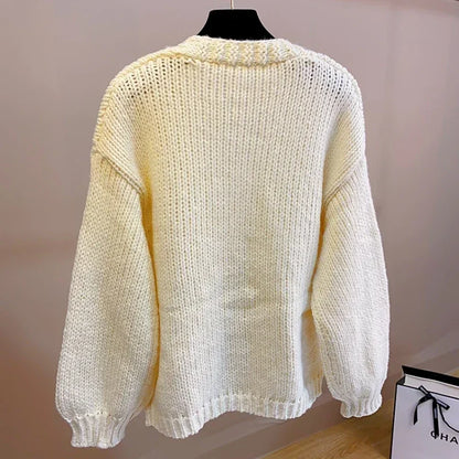 Women Handknit Floral Vintage Apricot Cardigan Women Sweater Clothes Knitwear