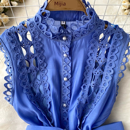 Summer 2024 French Style Vintage Court Style Elegant Stand-up Collar Cinched Slim Looking Sleeveless A- line Cut Out Embroider Dress