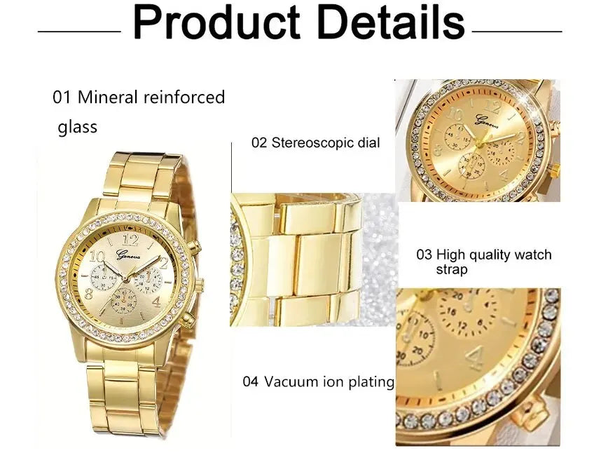 5 PCS Set Gold Watch Women Luxury Ring Necklace Earrings Rhinestone Fashion Wristwatch