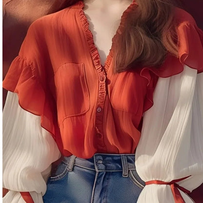 Chiffon Vintage Women's Shirts Patchwork Women Shirts Loose Long Sleeves Blouse