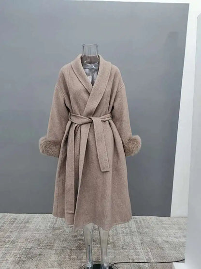 Women Overcoats Fur Patchwork Long Sleeve Woolen Coat