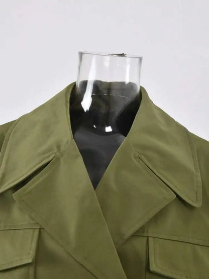 Vintage Gauze Patchwork Windbreaker Women Lapel Double Belt Gathered Trench Coat